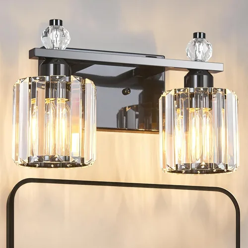 Vista 32 de Luces de Tocador de Baño de 3 Luces, Placado Negro, Modernas Luces de Tocador de Cristal para Baño, Luces de Tocador de Cristal para Usar Sobre