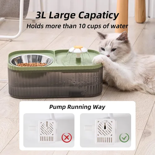 Vista 2 de Fuente de agua para gatos y cuenco para alimentos, dispensador de agua ultra silencioso para mascotas de 3 L/101 onzas con bomba inteligente y 3 1