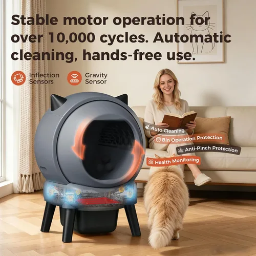 Vista 3 de Caja de arena automática autolimpiante, inodoro robot de gran capacidad para hogares con varios gatos, sensores de seguridad integrados, control