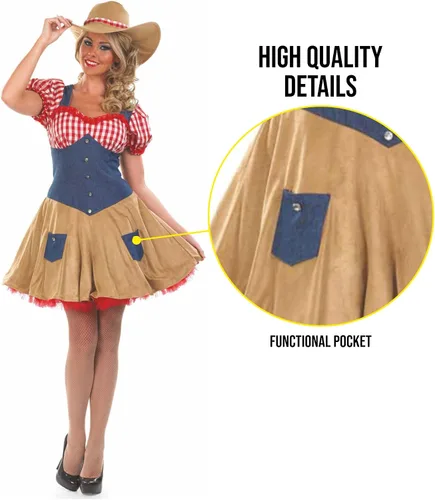 Vista 4 de fun shack Disfraz de vaquera para mujer, disfraz de vaquero occidental de Halloween para mujeres adultas, disponible en tallas S, M, L, XL, XXL