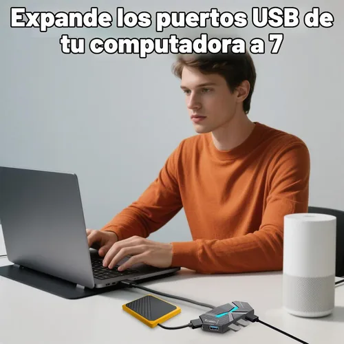 Vista 8 de Hub USB C 3.0 con 7 puertos, adaptador USB C multipuerto para transferencia y carga de datos, divisor de concentrador USB para laptop, escritorio