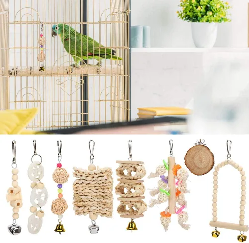 Vista 4 de Natural Wooden Parrot and Bird Toys Set Climbing Chew Toys 8 Pack with Swing Cage