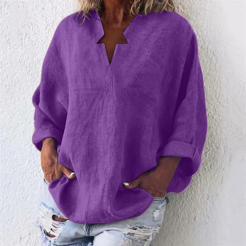 Vista 2 de Camisetas de manga larga de lino y algodón para mujer, de gran tamaño, cuello en V, holgadas, casuales, blusas de moda de otoño