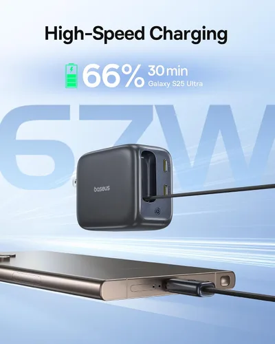 Vista 2 de Baseus Cargador retráctil USB C, 67 W 3 en 1 bloque de carga rápida con enchufe plegable, Enercore CJ11 PD/PPS para Galaxy S25/iPhone 17/16/15