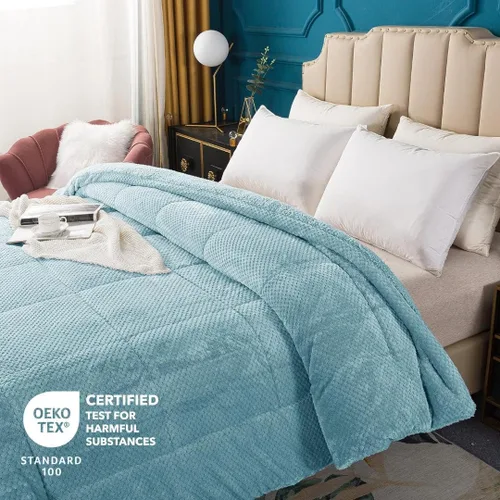 Vista 3 de KASENTEX - Edredón de lujo súper ultra suave de sherpa de pelo sintético, ropa de cama reversible apta para lavar a máquina, en color azul cielo