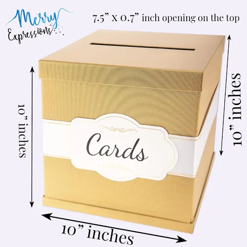 Vista 4 de Merry Expressions Caja de tarjetas dorada de 10 pulgadas, tarjetero para fiesta, caja de regalo de dinero para recepción de boda, graduación