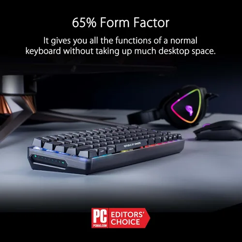 Vista 2 de ASUS ROG Falchion Teclado mecánico inalámbrico 65% para juegos 68 teclas, Aura Sync RGB, duración de batería extendida, panel táctil interactivo
