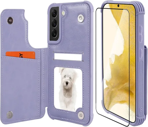 Vista 13 de VANAVAGY Funda tipo cartera compatible con Galaxy S22 con soporte para tarjetas de bloqueo RFID, piel sintética, cierre magnético, función atril