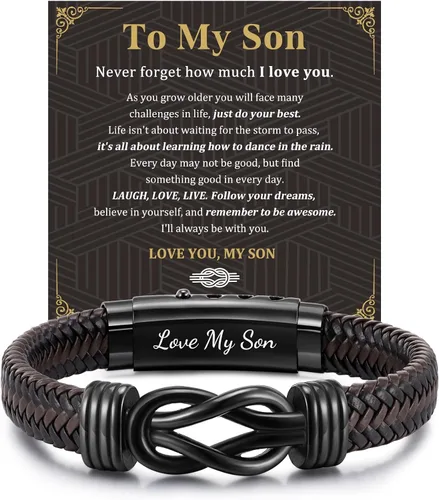 Vista 8 de MEALGUET Men's Bracelets Gifts for Men - Brown Braided Leather Infinity Knot Bracelets Engraved Love Massage for Son Man Husband Boyfriend, Mens