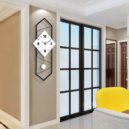 Vista 5 de Reloj de pared moderno de péndulo con movimiento silencioso, metal y madera maciza, reloj de pared para decoración de sala de estar, dormitorio