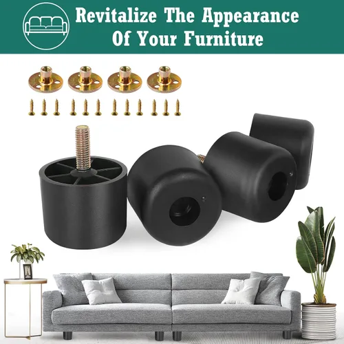 Vista 2 de 4 patas de plástico para muebles de 1-1/2 pulgadas, patas de sofá negras, patas redondas para muebles, patas de repuesto para sofá con tuercas