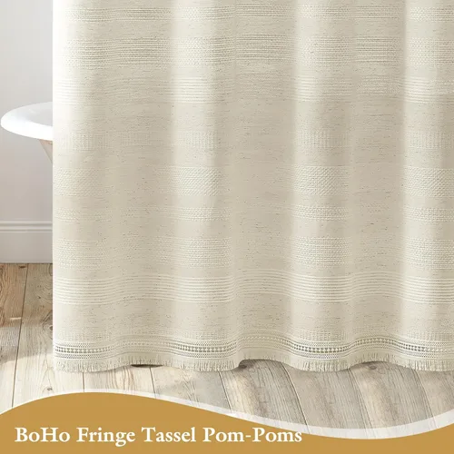 Vista 5 de Cortina de Ducha Pequeña para Cabina Estilo Boho Granja con Borla, Conjunto de Cortina de Ducha de Baño de Lino Bohemio Francés Rústico Elegante