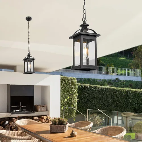 Vista 7 de Darkaway Farol colgante para exteriores, luz colgante de porche con vidrio de aluminio para exteriores, para porche, patio, entrada