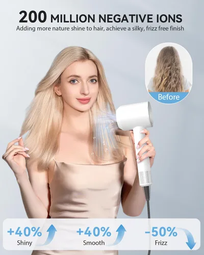 Vista 5 de Secador de pelo de alta velocidad iónico para cabello rizado, silencioso con control térmico y boquilla para viajes en casa, color blanco