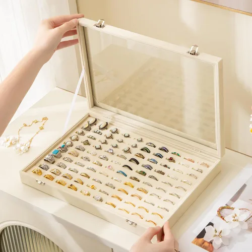 Vista 2 de Frebeauty Bandeja organizadora de anillos de 100 ranuras, caja de Beige