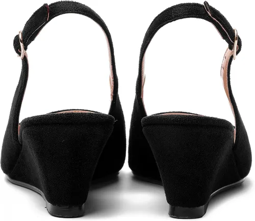 Vista 4 de SHOWFOREST Zapatos de tacón bajo con correa ajustable para mujer, con hebilla de gamuza y puntera puntiaguda, 2 pulgadas