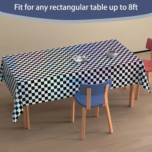 Vista 3 de Paquete de 4 manteles de plástico a cuadros desechables, manteles de papel de aluminio brillante para mesas rectangulares, decoraciones de fiesta