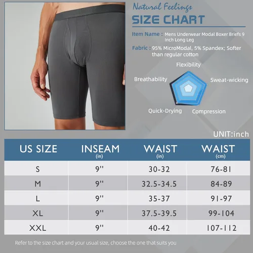 Vista 6 de Natural Feelings Calzoncillos tipo bóxer de modal para hombre, 9 pulgadas, de pierna larga, paquete