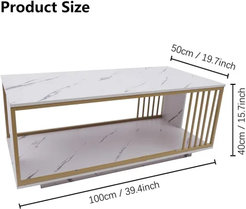 Vista 2 de Gdrasuya10 Mesa de centro moderna de mármol sintético blanco, mesa de centro de madera de 2 niveles con marco dorado, mesa central de TV, mesa