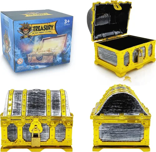 Vista 3 de Cofre del tesoro pirata con marco dorado para niños con cerradura y llave, almacenamiento de colección de tesoros y caja decorativa para favores
