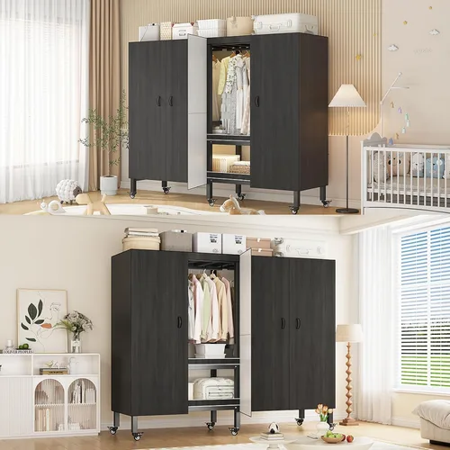 Vista 6 de Perchero cubierto resistente con puerta magnética, plegable, portátil, para colgar ropa, perchero de metal negro con ruedas (negro, 49.12 pulgadas)