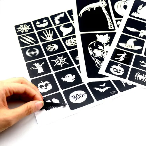 Vista 5 de XMASIR Kit de 45 plantillas de tatuaje con purpurina de Halloween para niños, plantillas de calabaza de Halloween, calcomanías temporales de tatuaje