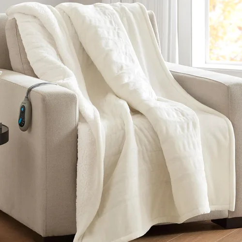Vista 23 de Beautyrest Manta térmica, manta eléctrica, suave, cálida y reversible, manta térmica Sherpa para oficina, sofá, 3 ajustes de calor, apagado