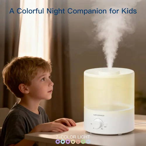 Vista 6 de MEGAWISE - Humidificador elegante de 1,5 L para dormitorio, bebé, planta, humidificadores ultrasónicos de bruma fresca de 24 dB, luz nocturna