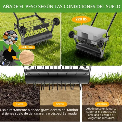 Vista 4 de Aireador de césped, aireadores manuales resistentes para césped con doble peso de hasta 100 libras, herramienta de césped con 39 picos, aireador