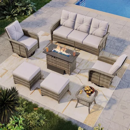 Vista 13 de Aoxun Juego de muebles de mimbre de ratán de 10 piezas con mesa para fogata Gris