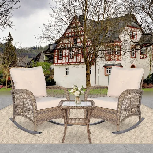 Vista 9 de Mecedora de mimbre para exteriores, silla mecedora de ratán para patio con marco de acero, silla mecedora para césped, muebles de patio, mimbre Beige