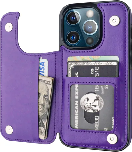 Vista 11 de ONETOP - Funda tipo cartera compatible con iPhone 13 Pro con soporte para tarjetas, funda de piel sintética con ranuras para tarjetas, doble cierre