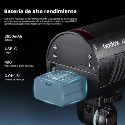 Vista 7 de Godox AD100ProII 100Ws Flash de bolsillo portátil de estudio, compatible con Canon Nikon Sony, batería de 2600mAh 360 destellos 1/8000s HSS TTL