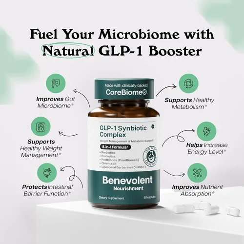Vista 2 de Benevolent Glp-1 Support Simbiótico 5 en 1 con Akkermansia, MetSyn®, Chromax® y berberina liposomal Suplemento natural de probióticos GLP 1