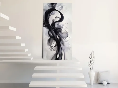 Vista 4 de HONGRUIFAN Lienzo abstracto blanco y negro para pared, diseño de líneas geométricas, imagen grande de 20 x 40 pulgadas, ilustraciones contemporáneas