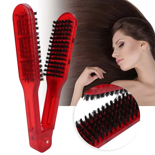 Vista 4 de Cepillo de doble cara, herramienta de peine para enderezar el cabello, herramientas en forma de V para peluquería casera [rojo]