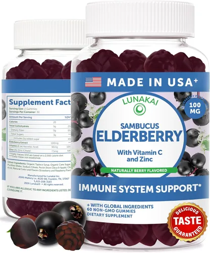 Vista 10 de Lunakai Gomitas de saúco Sambucus negras fabricadas en Estados Unidos para adultos y niños con vitamina C y zinc, apoyo inmunológico, antioxidantes