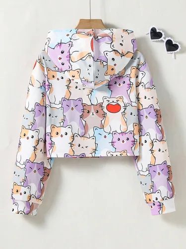Vista 2 de SOLY HUX Sudaderas con capucha con estampado de dibujos animados para niña, sudadera de manga larga con estampado de gato