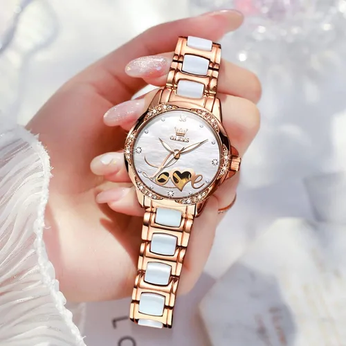 Vista 2 de OLEVS Relojes automáticos de oro rosa para mujer, diseño de esqueleto, mecánico, de cuerda automática, elegante vestido de lujo para mujer