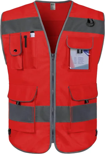 Vista 15 de TCCFCCT Chaleco de seguridad reflectante de alta visibilidad con 9 bolsillos para hombres y mujeres, chaleco de construcción Hi Vis con tiras