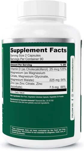 Vista 8 de Elementos Esenciales Magnesio Plus Zinc con Vitamina D3 Científicamente Formulado para Apoyo al Corazón, Huesos y Músculos Complejo de Magnesio