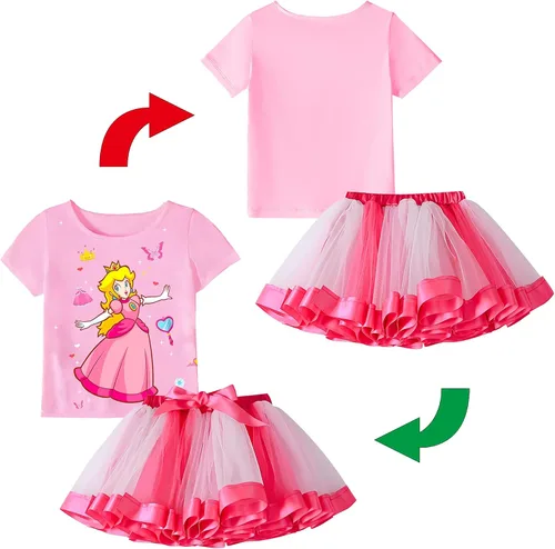 Vista 2 de YODISON Princess Peach Costume Set for Girls, Super Bros Dress Outfit Cosplay Halloween Party