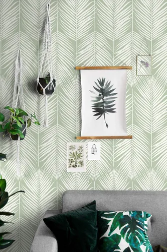 Vista 4 de NextWall Palm Silhouette Coastal Papel Tapiz Despegar y Pegar (Verde Pastel)