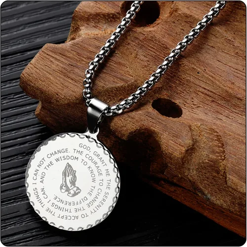 Vista 5 de Fusamk Collar de oración de mano de acero inoxidable de moda con colgante de medallón de oración del Señor