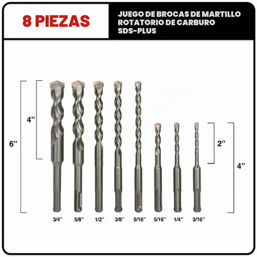 Vista 2 de Juego de brocas SDS Plus de 8 piezas, punta de carburo, brocas de martillo giratorio para ladrillo, piedra, hormigón