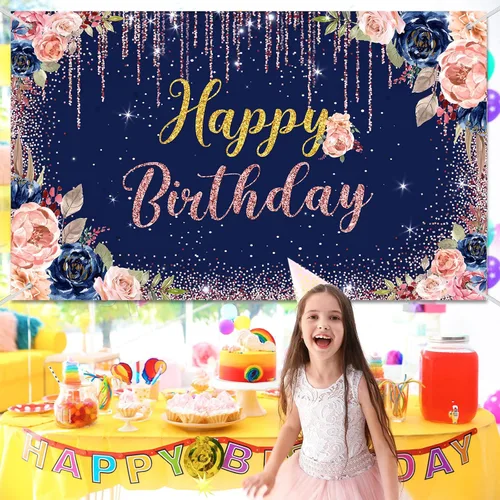 Vista 5 de Decoraciones de fondo de feliz cumpleaños para mujeres, suministros de fiesta, telón de fondo de rosa, fotografía para niñas y niños, pancarta