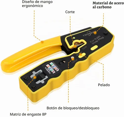 Vista 4 de Kit de Herramientas de Crimpado RJ45 Pass Through Crimpadora Ethernet para Enchufes Modulares Cat5e Cat6 Cat6a 8P8C, Herramienta de Crimpado Cat6
