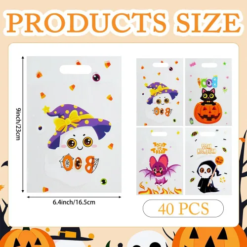 Vista 2 de Bolsas de celofán de Halloween, 40 piezas de plástico para Halloween, dulces, galletas, aperitivos, bolsa de sellado de regalo, bolsa a granel