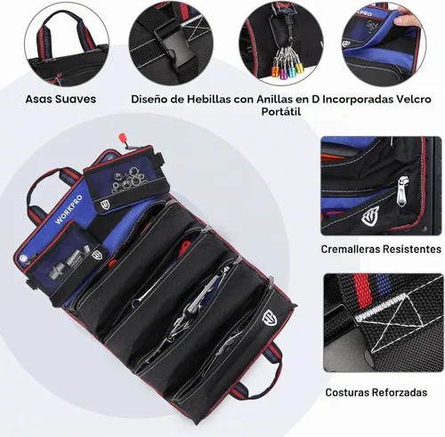 Vista 6 de WORKPRO Bolsa de herramientas enrollable, bolsa de herramientas enrollable con bolsillos desmontables, organizador de herramientas resistente con 6