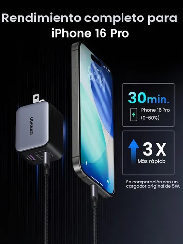 Vista 8 de UGREEN Nexode X - Cargador de pared USB C de 65 W, 3 puertos PPS ultra compacto, plegable, cargador rápido para MacBook Pro/Air, iPhone 17/16/15
